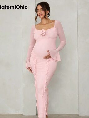 SHEIN Blush Pink Long Sleeve Ruffled Maternity Gown